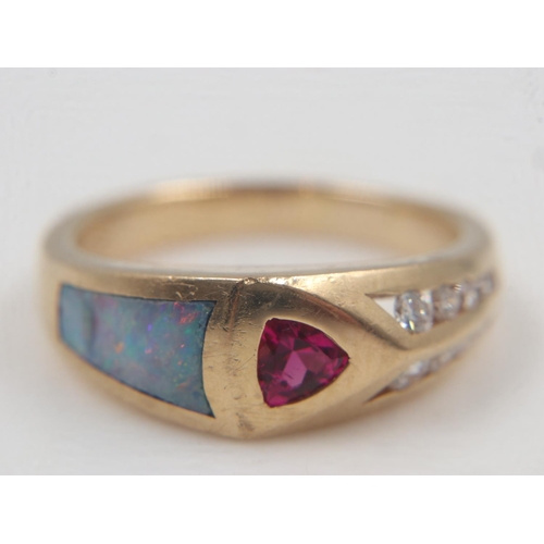 17 - 14ct gold, trillion-cut ruby, opal and diamond set asymmetric ring, size O, 7.3g. UK P&P Group 0 (£6... 