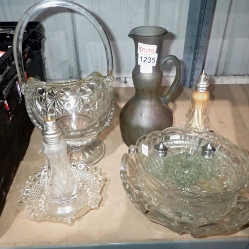 1235 - Glassware including a large glass basket, fruit bowl, art glass jug. Not available for in-house P&P