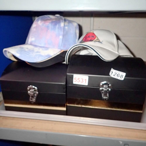 1268 - Three storage boxes, one containing mainly ladies perfumes and a selection of fashion caps. Not avai... 