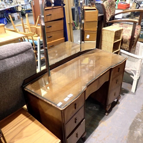 1688 - Burred walnut dressing table with 3 pane mirror and glass top, 48 x 108 x 71cm H. Not available for ... 