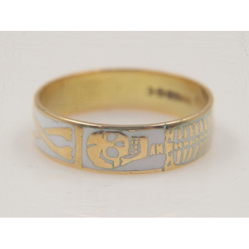 12 - 18ct gold and white enamel skeleton band, momento mori design, size P/Q, 3.3g. UK P&P Group 1 (£16+V... 