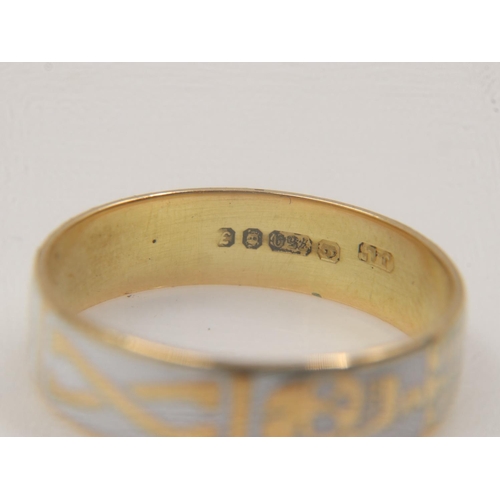 12 - 18ct gold and white enamel skeleton band, momento mori design, size P/Q, 3.3g. UK P&P Group 1 (£16+V... 