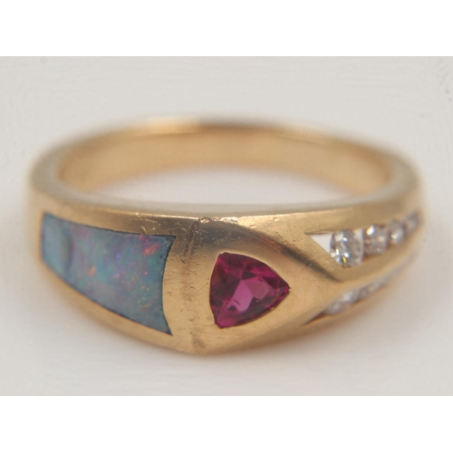 17 - 14ct gold, trillion-cut ruby, opal and diamond set asymmetric ring, size O, 7.3g. UK P&P Group 1 (£1... 