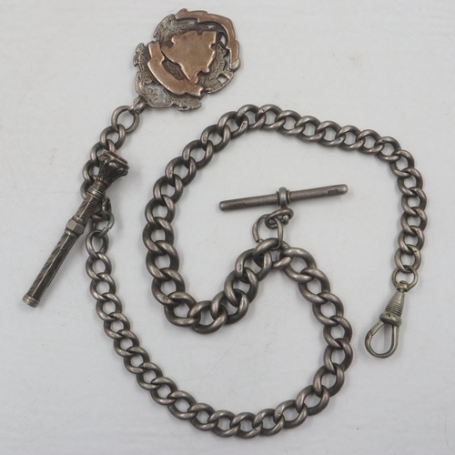 39 - Heavy gauge hallmarked silver double-Albert pocket watch chain, with gilt washed fob and pencil, T-b... 