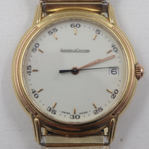 44 - JAEGER LE COULTRE: Odysseus gents 18ct gold wristwatch, baton and Arabic chapters to the off-white d... 