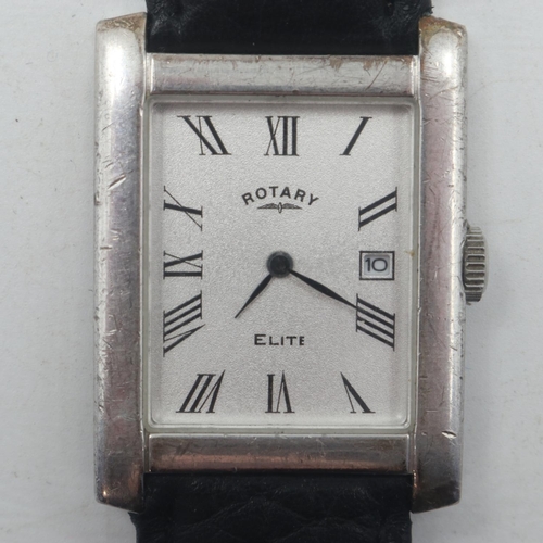 45 - ROTARY: Elite gents sterling silver cased tank-style wristwatch, having Roman chapters against a ste... 