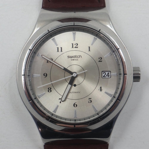 47 - SWATCH: gents steel cased automatic wristwatch, baton and Roman chapters against the brushed steel d... 