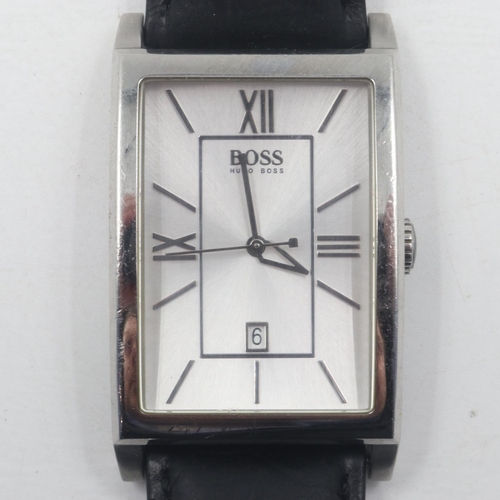 50 - HUGO BOSS: gents steel cased tank-style wristwatch, baton and Roman chapters against a brushed steel... 