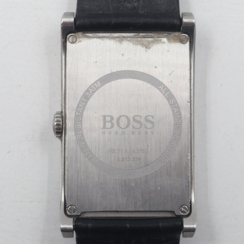 50 - HUGO BOSS: gents steel cased tank-style wristwatch, baton and Roman chapters against a brushed steel... 