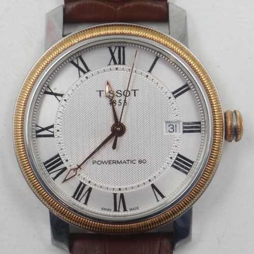 54 - TISSOT 1853: Powermatic 80 gents steel cased automatic wristwatch, having Roman chapters against a m... 