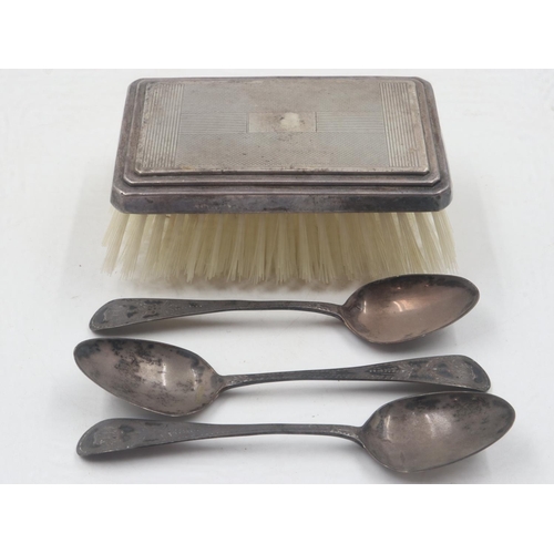 61 - Three Georgian hallmarked silver teaspoons, London assay 1794, combined 32g, with a silver-backed br... 