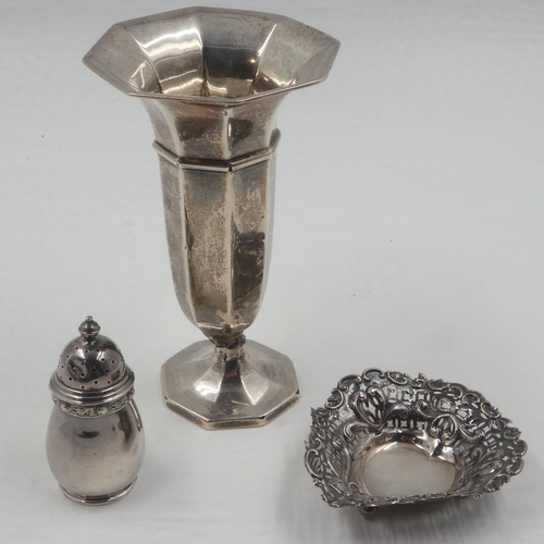 62 - Three hallmarked silver items, vase damaged but unweighted, combined 156g. UK P&P Group 1 (£16+VAT f... 