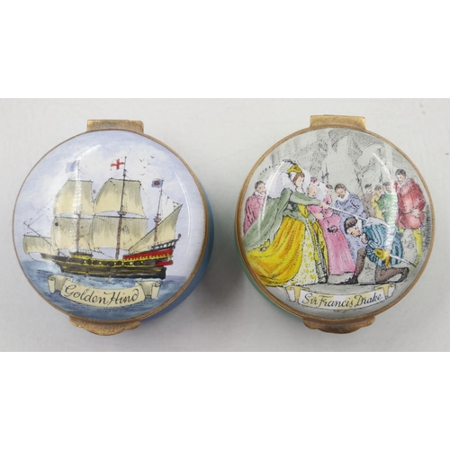 66 - CRUMMLES: two enamelled pill or patch boxes, Sir Francis Drake and Golden Hind. UK P&P Group 1 (£16+... 