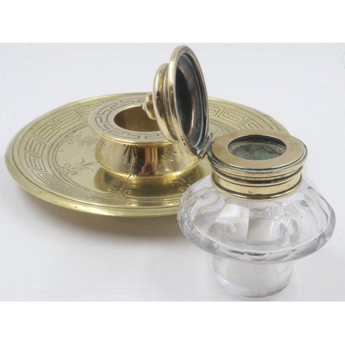 73 - Victorian brass inkwell with glass reservoir and circular tray. UK P&P Group 2 (£20+VAT for the firs... 