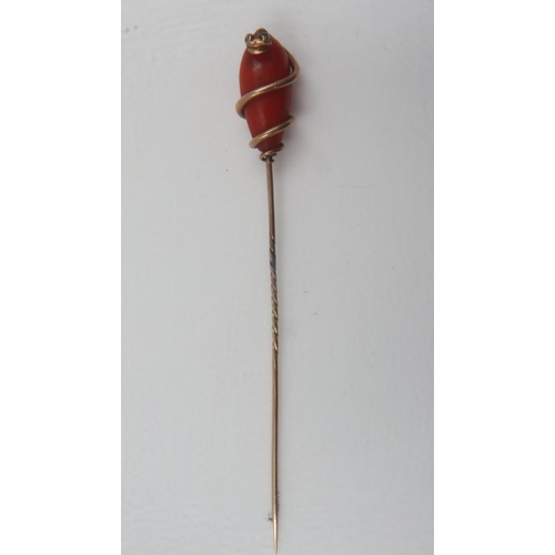 8 - Antique gold, coral and turquoise snake-form stick pin. UK P&P Group 0 (£6+VAT for the first lot and... 