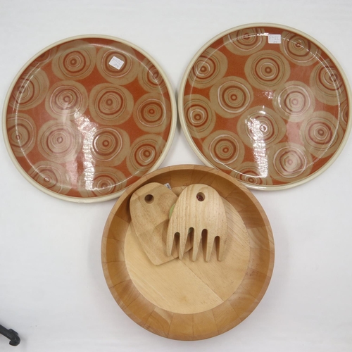 175 - Denby wooden salad bowl with chunky salad servers, together with two Denby platters with the Fire Ch... 