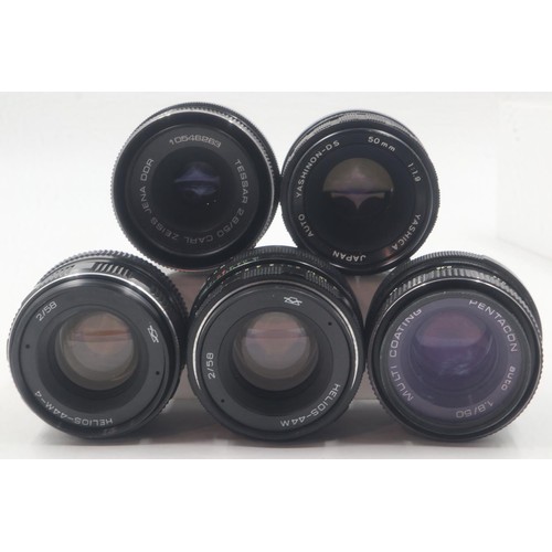 97 - Five prime lenses including Zeiss and Yashica. Untested, lenses in good condition. UK P&P Group 2 (£... 