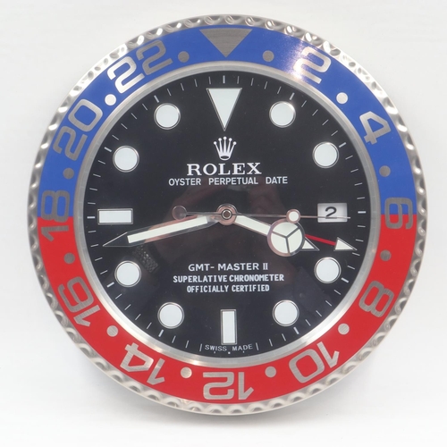 245 - Rolex dealers wall clock with Pepsi bezel, black dial and sweeping seconds hand, D: 34 cm. P&P Group... 