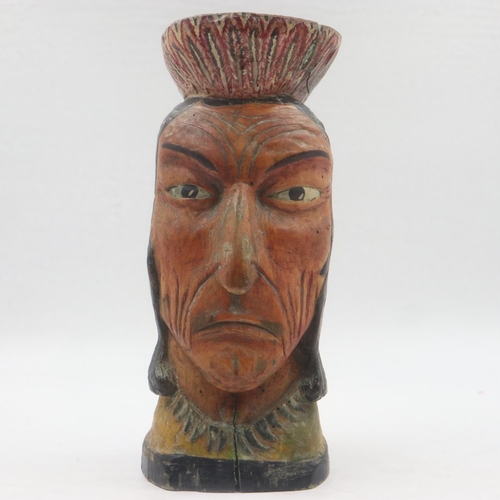 270 - Vintage tobacconist window display piece, in the form of a carved wooden native American bust, H: 33... 