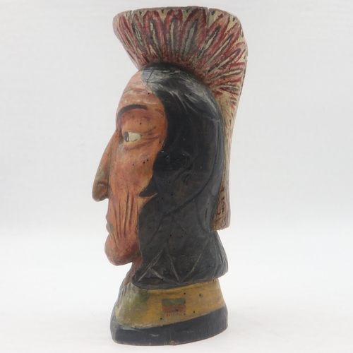 270 - Vintage tobacconist window display piece, in the form of a carved wooden native American bust, H: 33... 