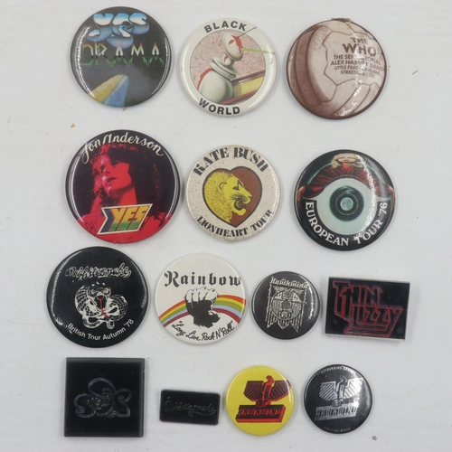 284 - Eleven tin plate Rock badges including Hawkwind and The Who. Not available for in-house P&P