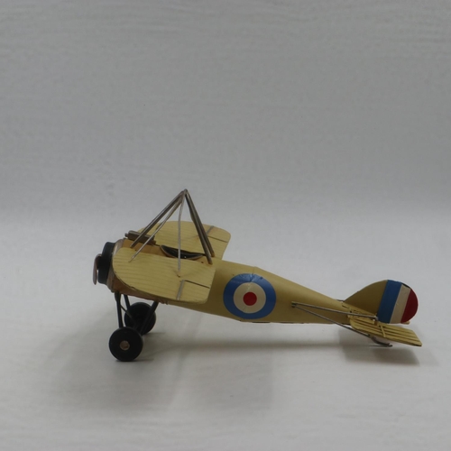 256A - Tin plate yellow aeroplane model model, W: 40 cm. UK P&P Group 2 (£20+VAT for the first lot and £4+V... 