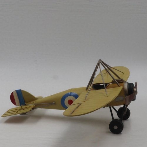 256A - Tin plate yellow aeroplane model model, W: 40 cm. UK P&P Group 2 (£20+VAT for the first lot and £4+V... 