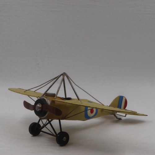 256A - Tin plate yellow aeroplane model model, W: 40 cm. UK P&P Group 2 (£20+VAT for the first lot and £4+V... 