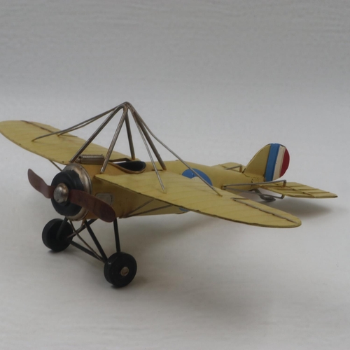 256A - Tin plate yellow aeroplane model model, W: 40 cm. UK P&P Group 2 (£20+VAT for the first lot and £4+V... 