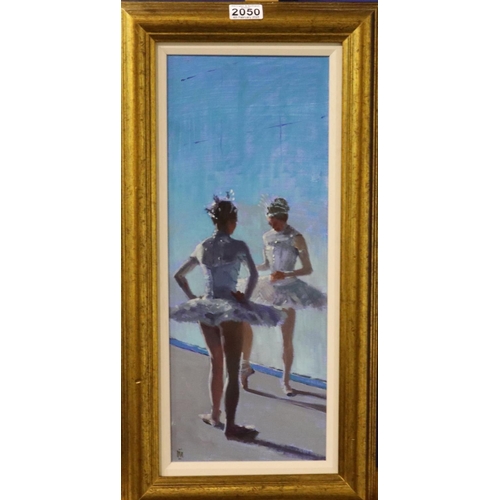 2050 - Nigel Mason (b. 1952): oil on canvas, two ballerinas, signed verso, image 20 x 49 cm, overall 32 x 6... 