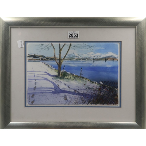 2053 - 20th century gouache on textured paper, lakeside scene, indistinctly signed LL, image 32 x 22 cm, ov... 