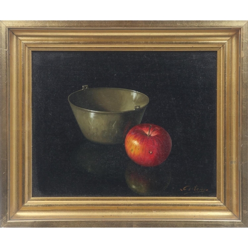 2057 - 20th century Continental school oil on canvas, still life with apple and bowl, indistinctly signed L... 