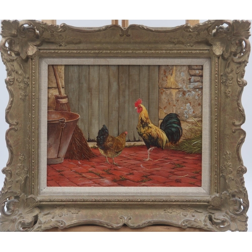 2058 - Arthur Lokie (b.1948): oil on board, rooster and hen in a farmyard, image 24 x 19cm, overall 36 x 60... 