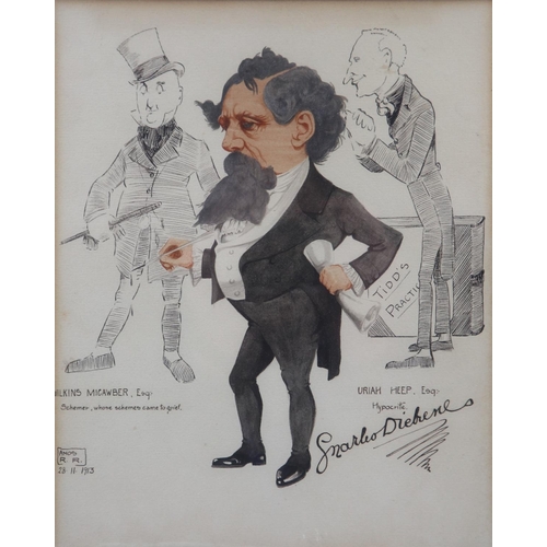 2066 - Amos Ramsbottom (1889 - 1927): watercolour caricature, Charles Dickens, signed and dated 1913, image... 