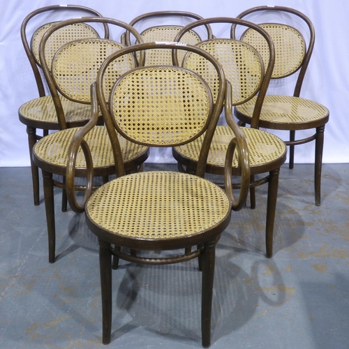 2145 - A set of six early 20th century French bentwood bistro chairs, each with waxed bergère seats and bac... 