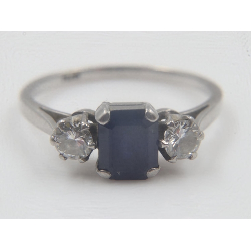 19 - Platinum trilogy ring, set with a sapphire and two diamonds, size N, 3.3g. UK P&P Group 0 (£6+VAT fo... 