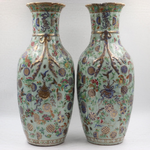 191 - Large pair of Chinese Canton Famille Rose porcelain celadon glazed vases, each of tied bag form, wit... 