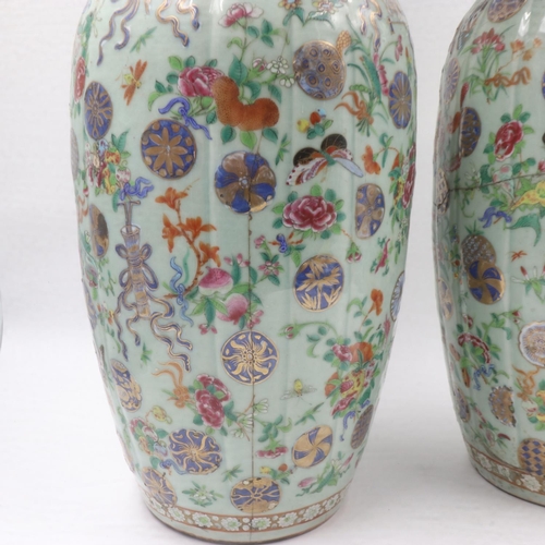 191 - Large pair of Chinese Canton Famille Rose porcelain celadon glazed vases, each of tied bag form, wit... 