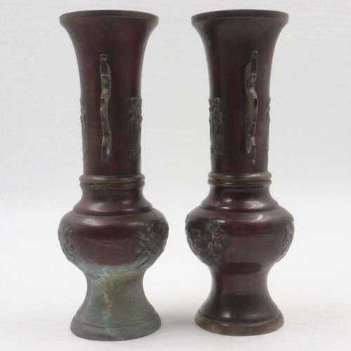 198 - Pair of Maji Japanese vases with floral decoration, one tarnished to base, H: 26 cm, W: 80 mm. UK P&... 