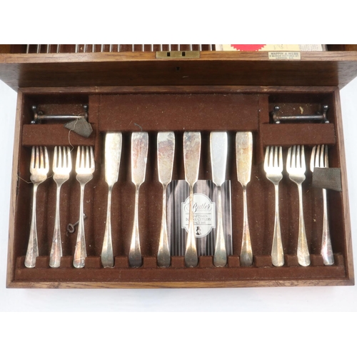 211 - Mappin & Webb canteen of silver plated cutlery, oak cased with plaque dating to 1923. Not available ... 