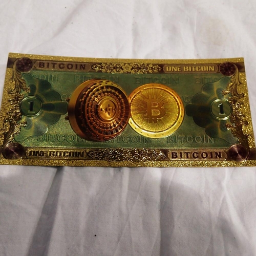 1120 - Gold plated bitcoin commemorative note. UK P&P Group 1 (£16+VAT for the first lot and £2+VAT for sub... 