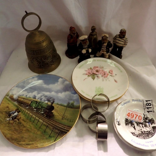 1181 - Box of mixed collectables including Coalport plate, nautical figures, napkin rings and an Orchard te... 