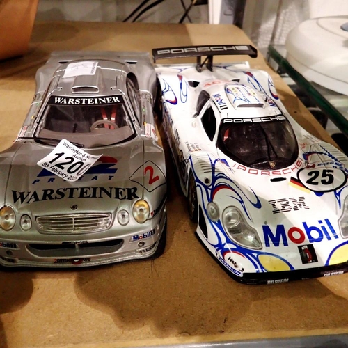 1200 - Two 1/18 scale model cars by Maisto Mercedes CLK GTR and Porsche 911 GTI. Not available for in-house... 