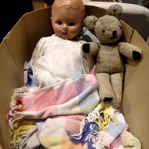 1040 - Two boxes of mixed toys including vintage doll and teddy, Russian dolls, cards etc. Not available fo... 