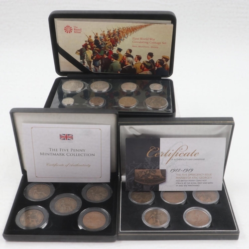 2006 - Three WWI period coin sets including Heaton Mint and Kings Norton. UK P&P Group 1 (£16+VAT for the f... 