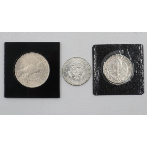 2115 - 1922 American silver Peace dollar, with 1942 and 1966 silver half dollars. UK P&P Group 1 (£16+VAT f... 