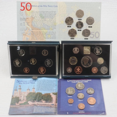 2120 - 1985 and 1999 Royal Mint coin collections with 1983 set and Commemorative 50p collection. UK P&P Gro... 