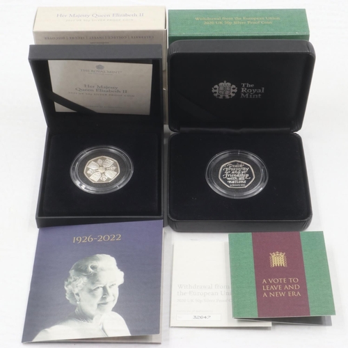 2121 - Two silver proof 50p coins, Brexit commemorative and QEII. UK P&P Group 1 (£16+VAT for the first lot... 