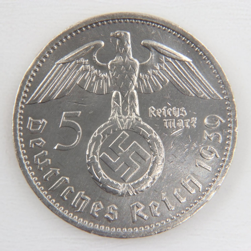 2129 - 1939 F Stuttgart silver five Reichsmark of Germany - gVF .  UK P&P Group 0 (£6+VAT for the first lot... 