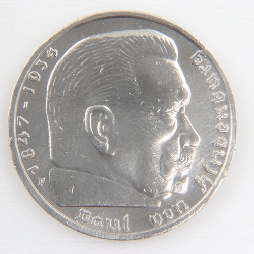 2129 - 1939 F Stuttgart silver five Reichsmark of Germany - gVF .  UK P&P Group 0 (£6+VAT for the first lot... 